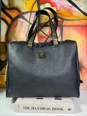 Versace Parfums Black Tote Bag – Elegant Everyday Carry with Gold Accents